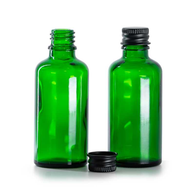 Botella de vidrio, verde, tapón de aluminio negro, 50 ml