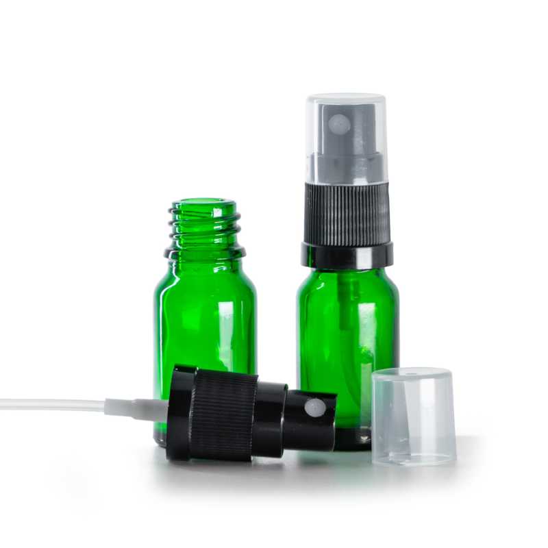 Botella de vidrio, verde, pulverizador negro, 10 ml