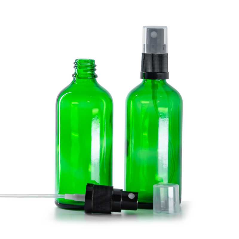 Botella de vidrio, verde, pulverizador negro, 100 ml