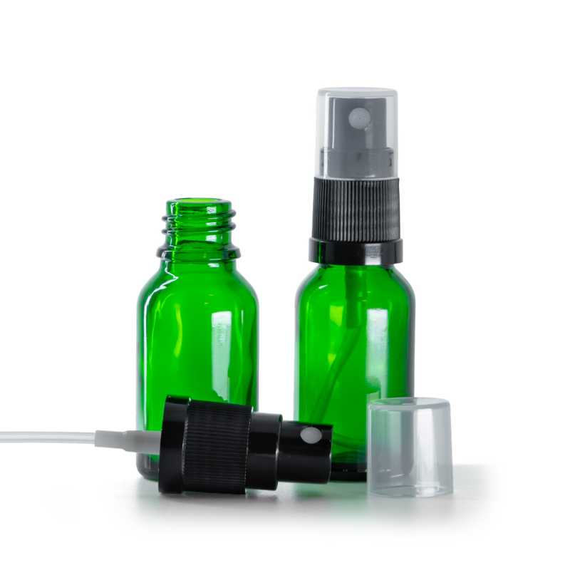 Botella de vidrio, verde, pulverizador, 15 ml