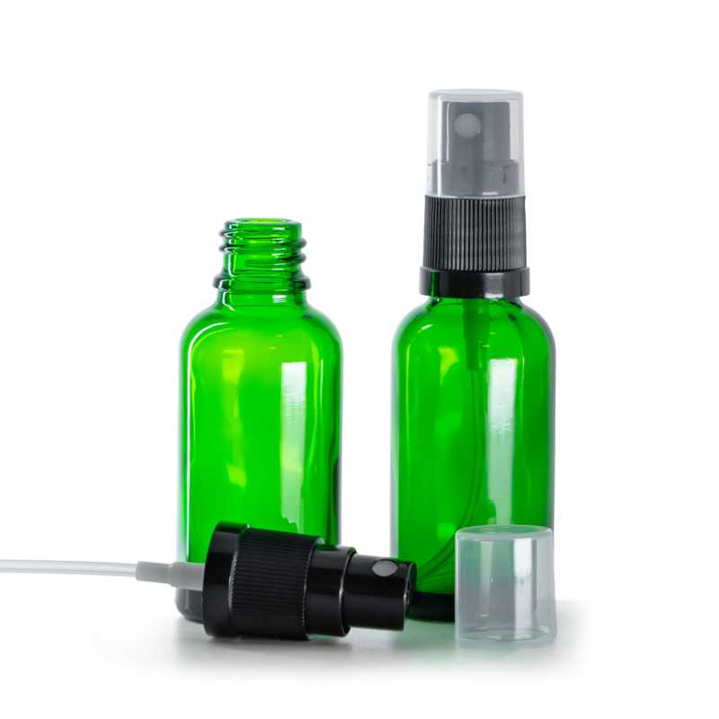 Botella de vidrio, verde, pulverizador negro, 30 ml