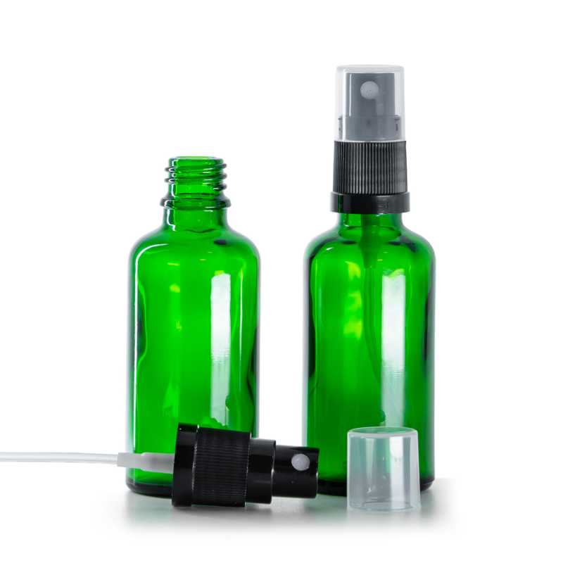 Botella de vidrio, verde, pulverizador negro, 50 ml