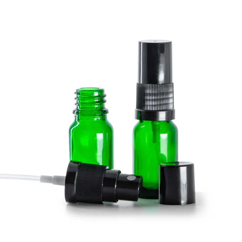 Botella de vidrio, verde, pulverizador, negro, 10 ml