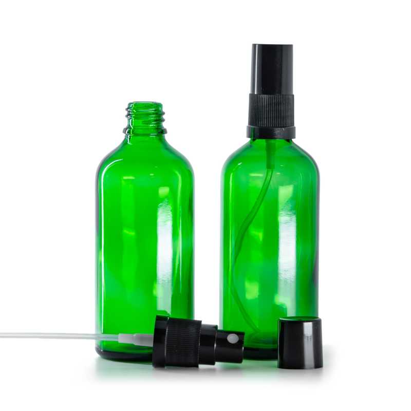 Botella de vidrio, verde, pulverizador, negro, 100 ml