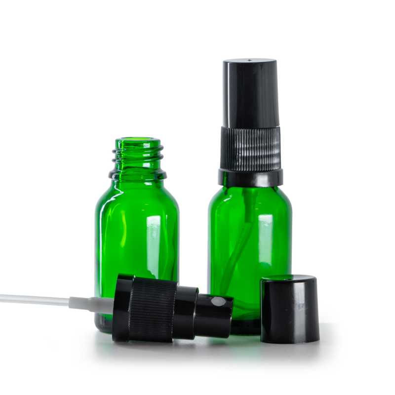 Botella de vidrio, verde, pulverizador, negro, 15 ml