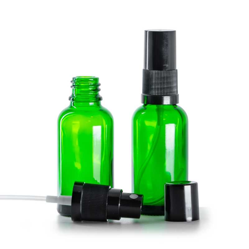 Botella de vidrio, verde, pulverizador, negro, 30 ml