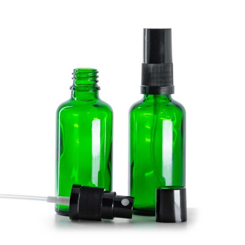 Botella de vidrio, verde, pulverizador, negro, 50 ml