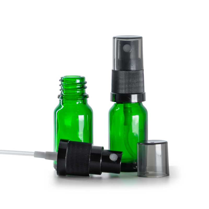 Frasco de vidrio verde, pulverizador negro con sobretapa ahumada, 10 ml
