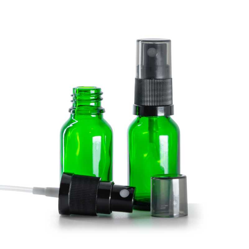 Frasco de vidrio verde, pulverizador negro, sobretapa ahumada, 15 ml