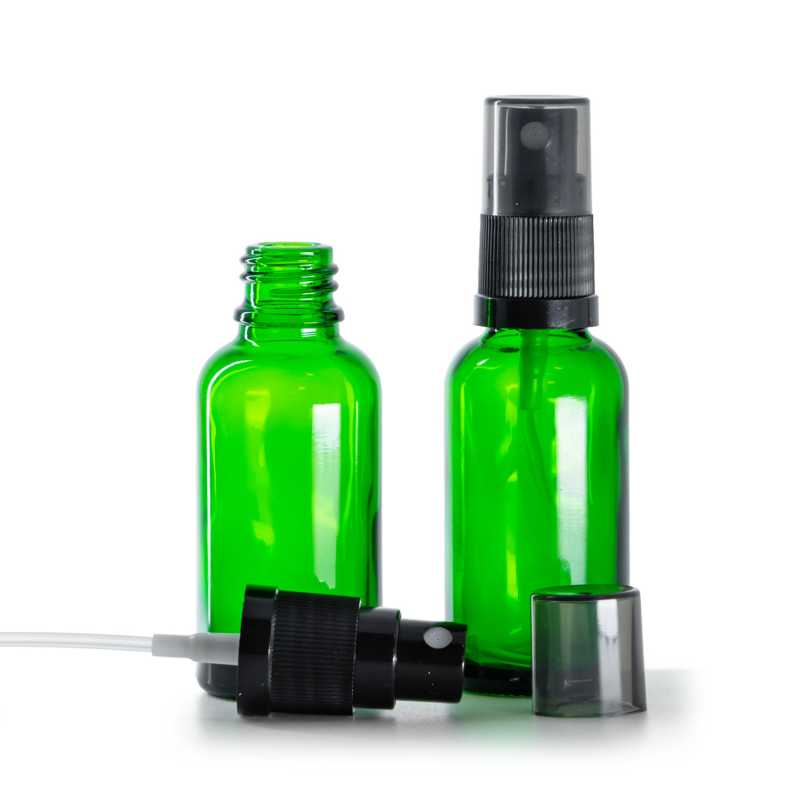 Frasco de vidrio verde, pulverizador negro con sobretapa ahumada, 30 ml