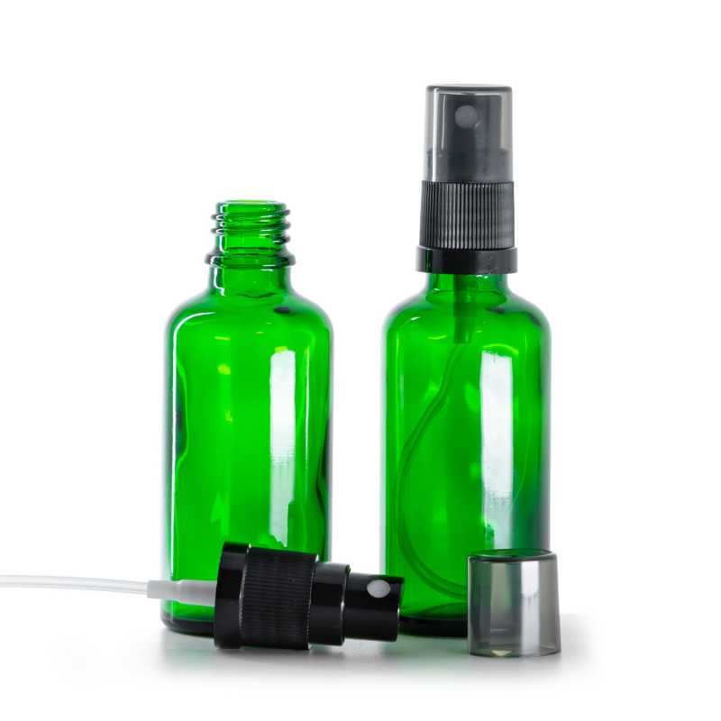 Frasco de vidrio verde, pulverizador negro, sobretapa ahumada, 50 ml