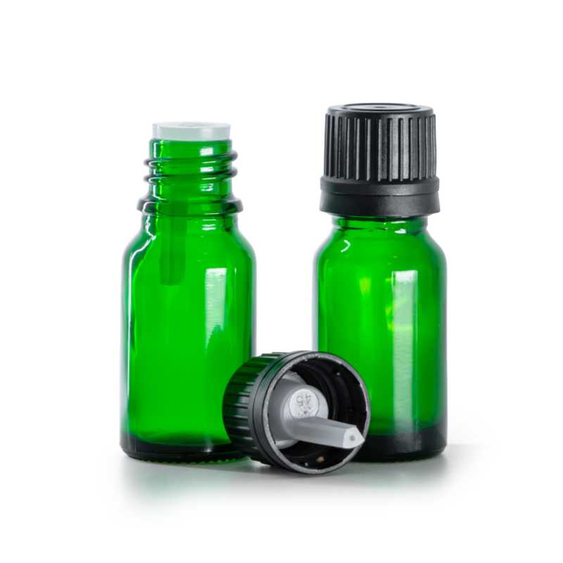Frasco de vidrio verde, tapón negro con cuentagotas interior, 10 ml