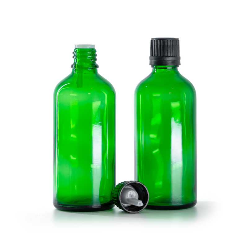 Frasco de vidrio verde, tapón negro con cuentagotas, 100 ml