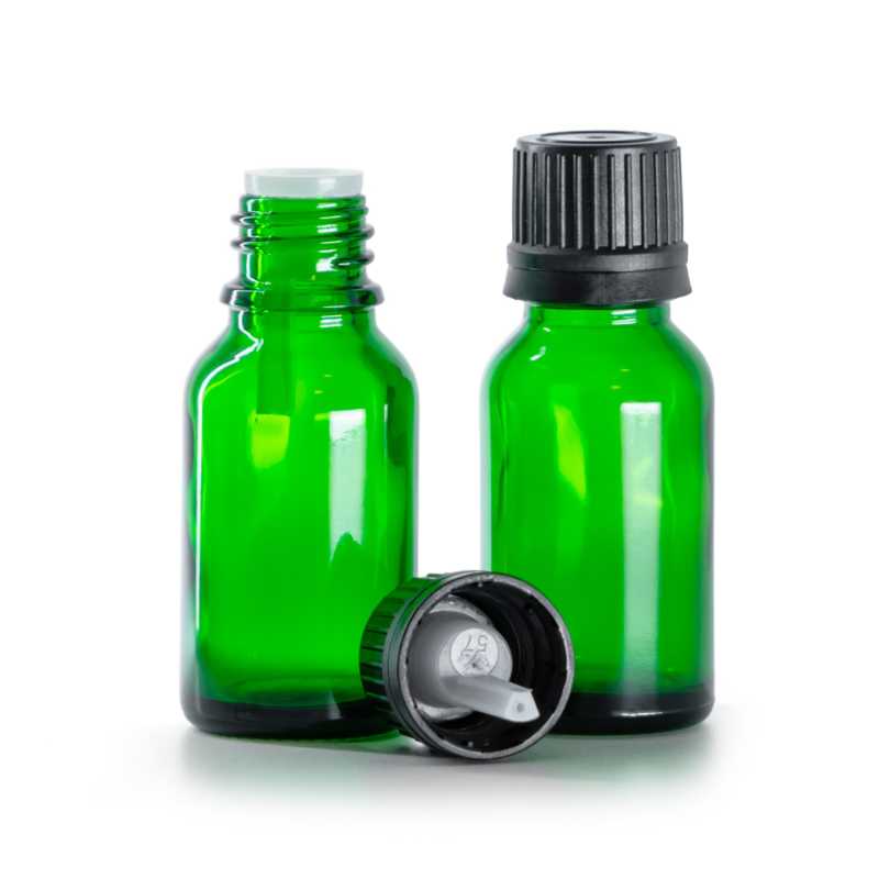 Frasco de vidrio verde, tapón negro con cuentagotas, 15 ml