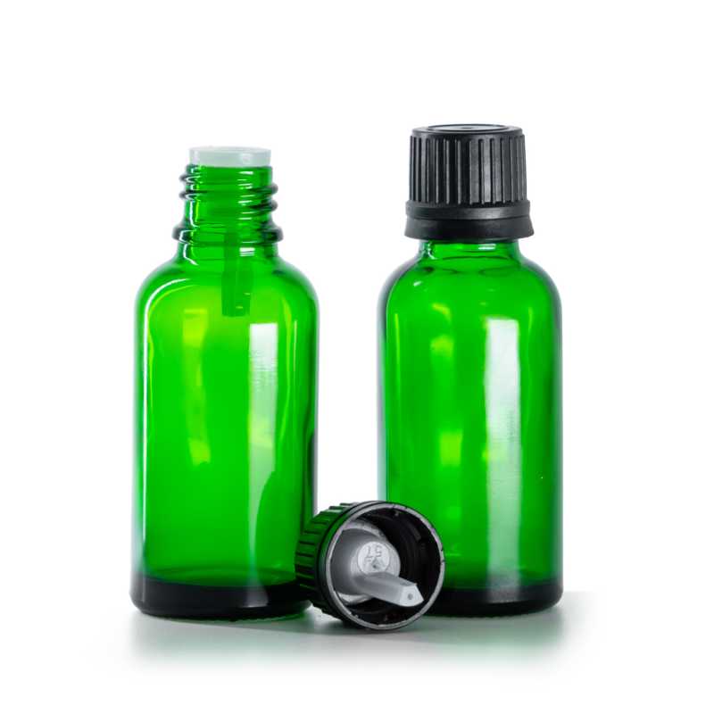 Frasco de vidrio verde, tapón negro con cuentagotas, 30 ml