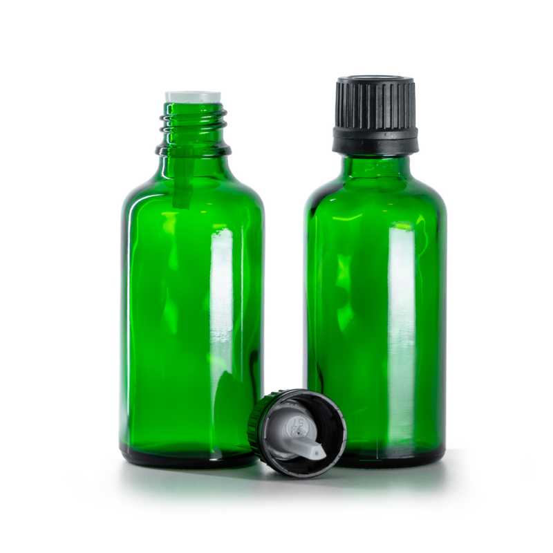 Frasco de vidrio verde, tapón negro con cuentagotas, 50 ml