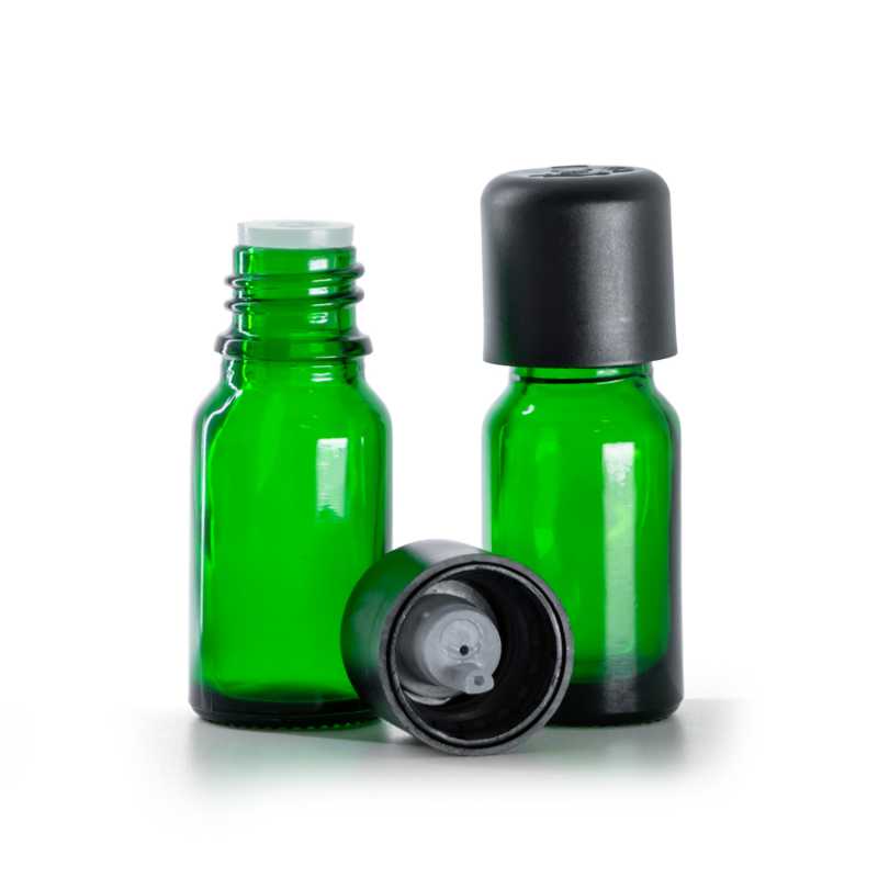 Frasco de vidrio, verde, tapón de seguridad inviolable negro con cuentagotas, 10 ml