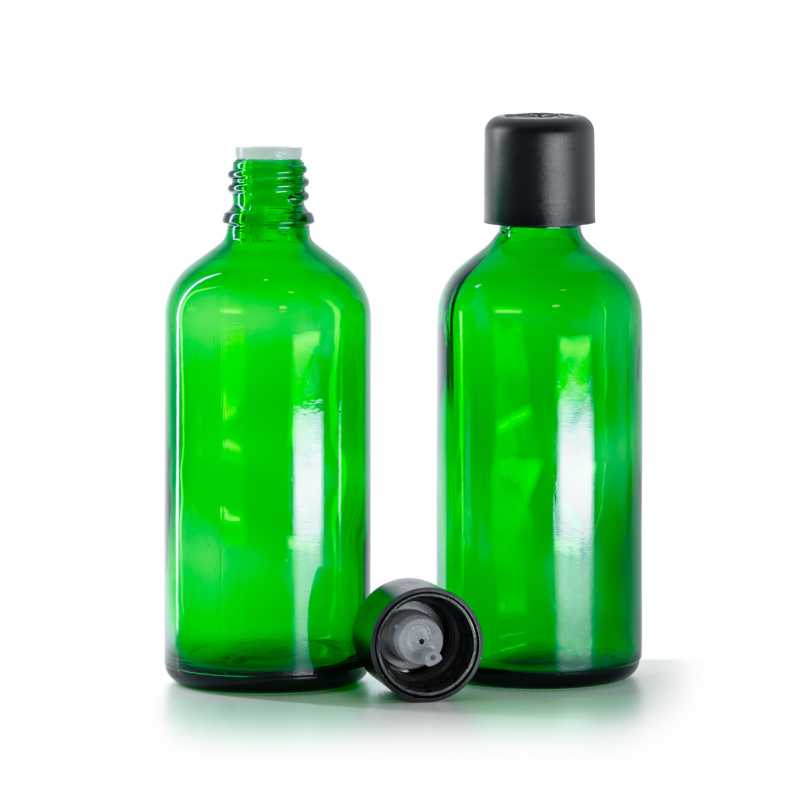 Botella de vidrio, verde, tapón de seguridad inviolable negro con cuentagotas, 100 ml