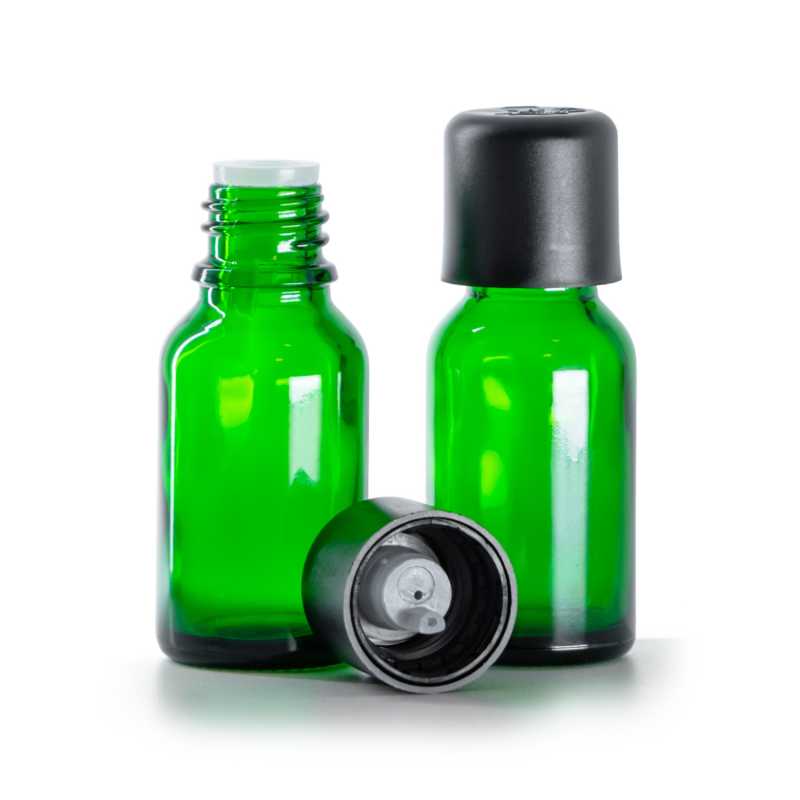 Frasco de vidrio, verde, tapón de seguridad negro con cuentagotas, 15 ml