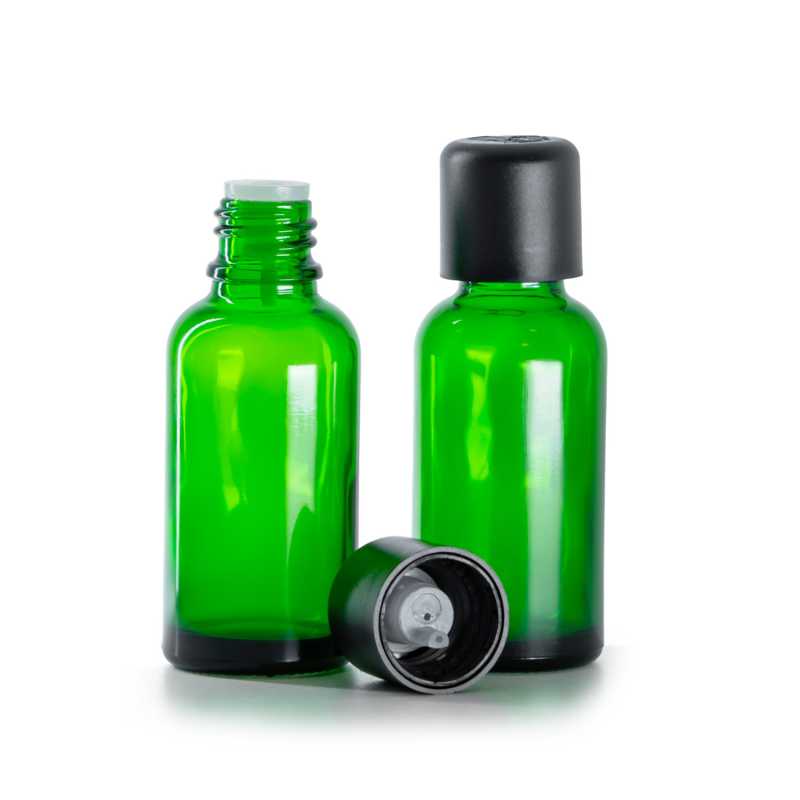 Botella de vidrio, verde, tapón de seguridad negro con cuentagotas, 30 ml