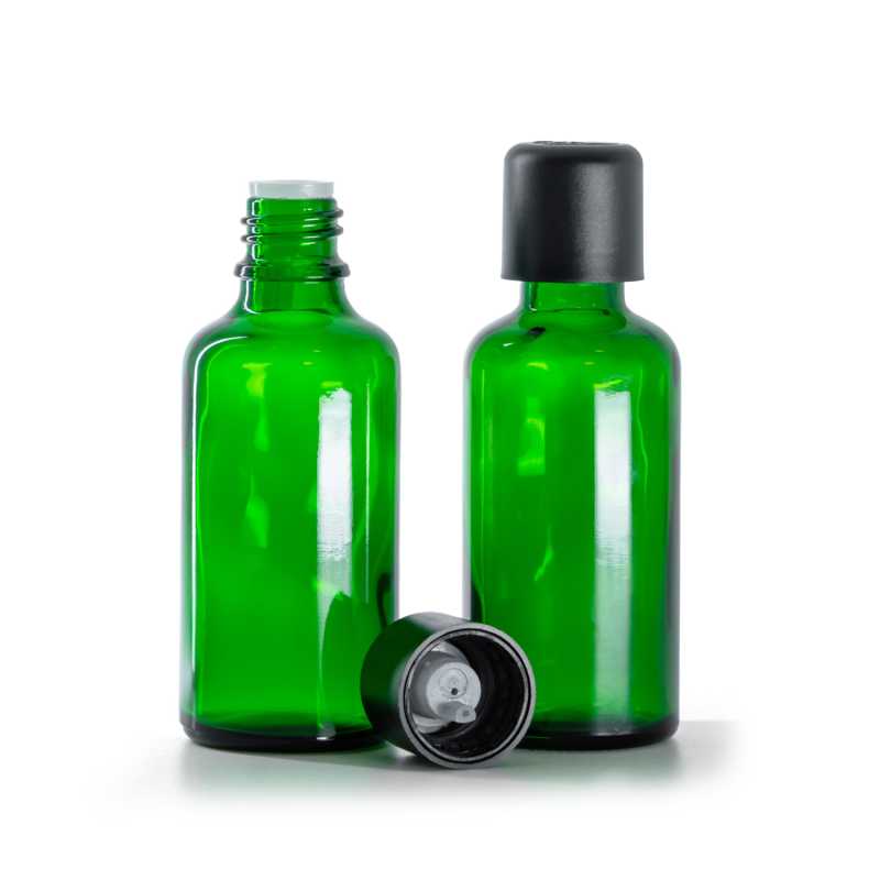 Botella de vidrio, verde, tapón de seguridad inviolable negro con cuentagotas, 50 ml