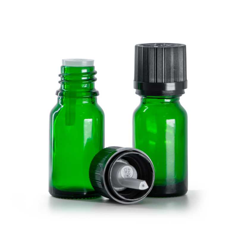 Botella de vidrio, verde, tapón de seguridad negro con cuentagotas, 10 ml