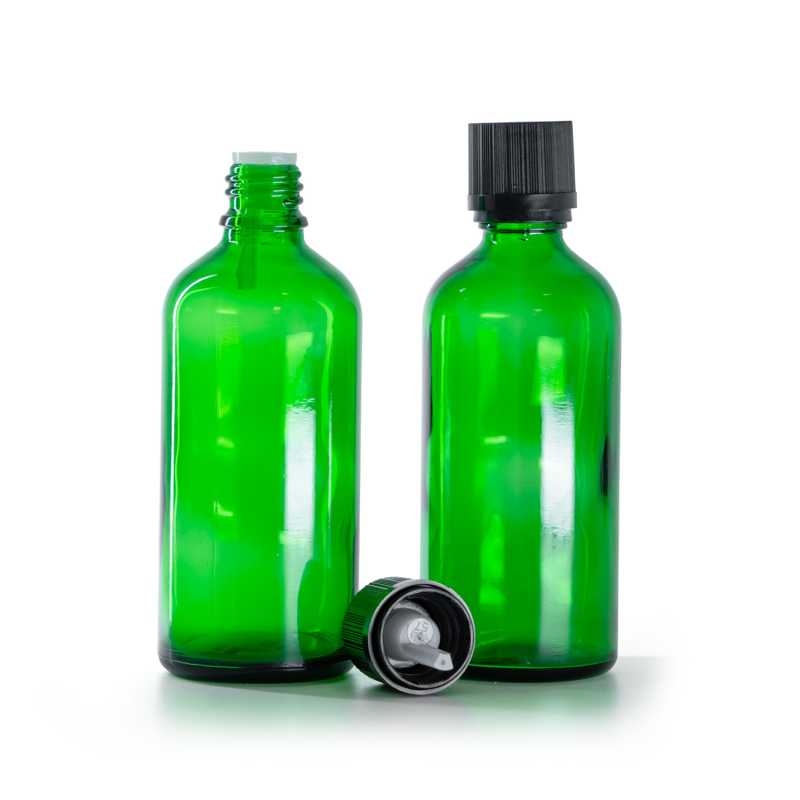 Botella de vidrio, verde, tapón de seguridad negro con cuentagotas, 100 ml