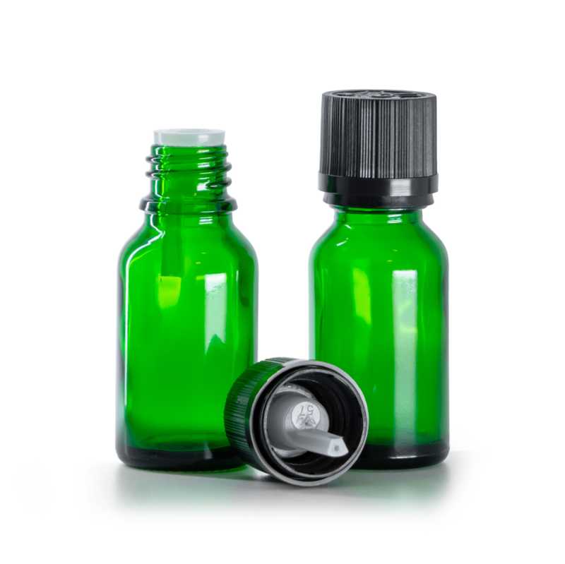 Botella de vidrio, verde, tapón de seguridad negro con cuentagotas, 15 ml