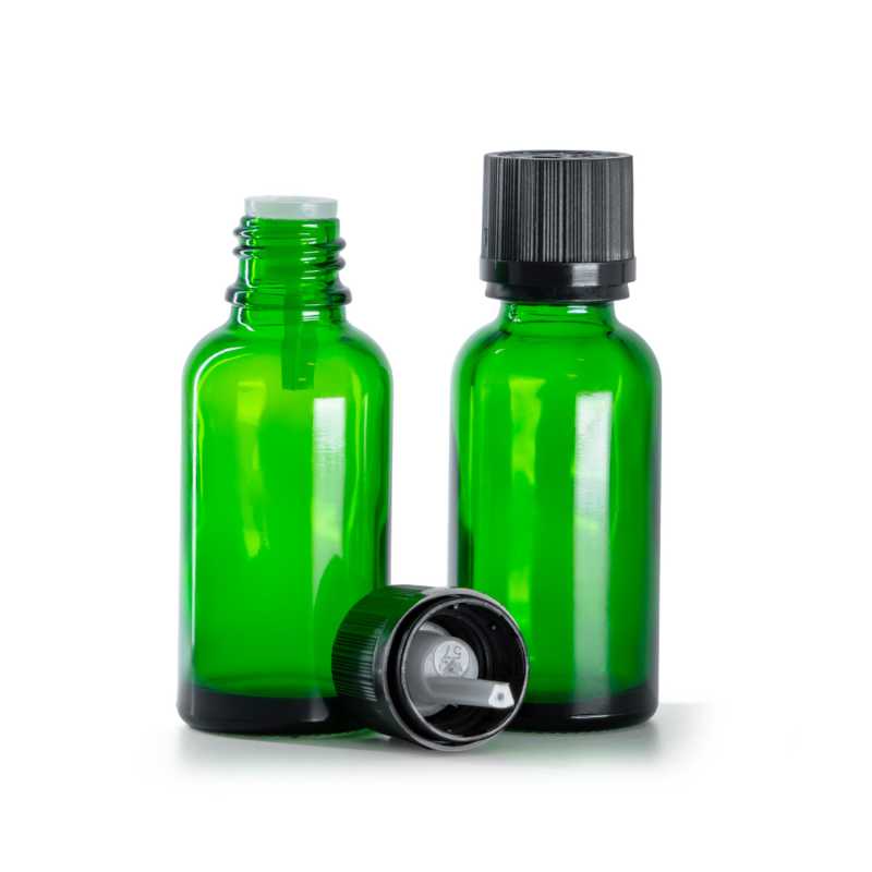 Botella de vidrio, gotero negro con tapón de seguridad, verde, 30 ml