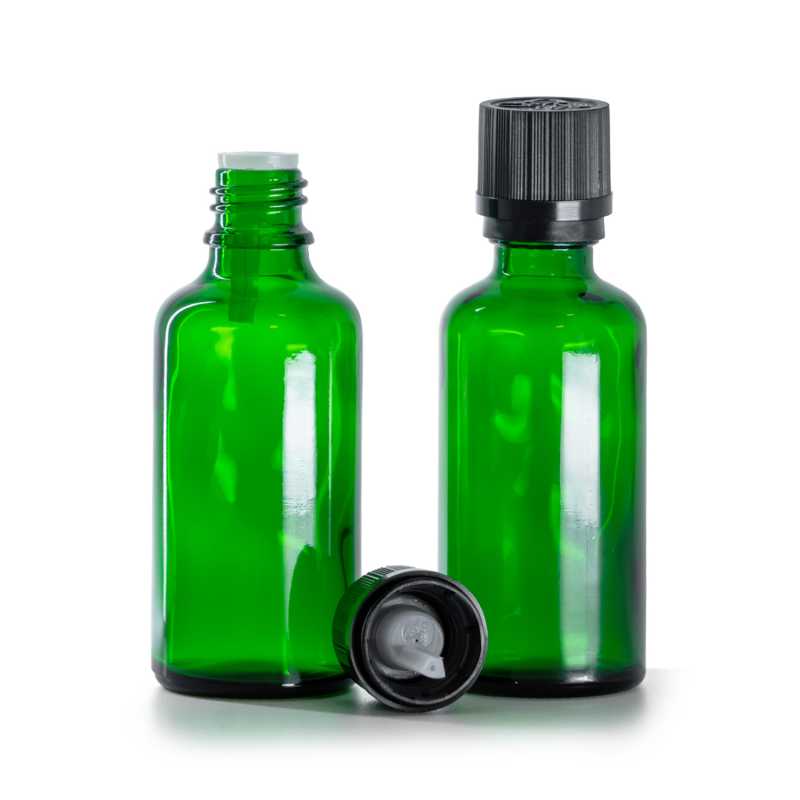 Botella de vidrio, verde, anillo negro con cuentagotas, 50 ml