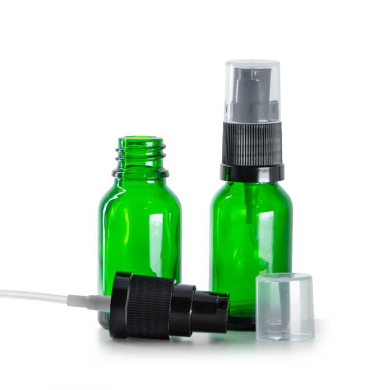 Botella de vidrio verde, dosificador de loción, 15 ml