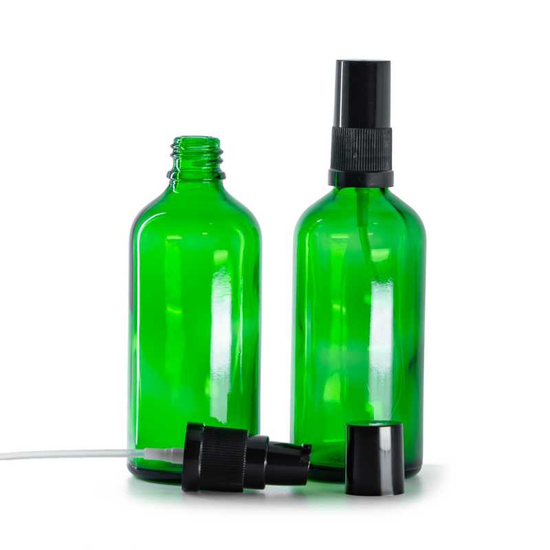 Frasco, vidrio, verde, dispensador de loción con sobrecapucha negra, 100 ml