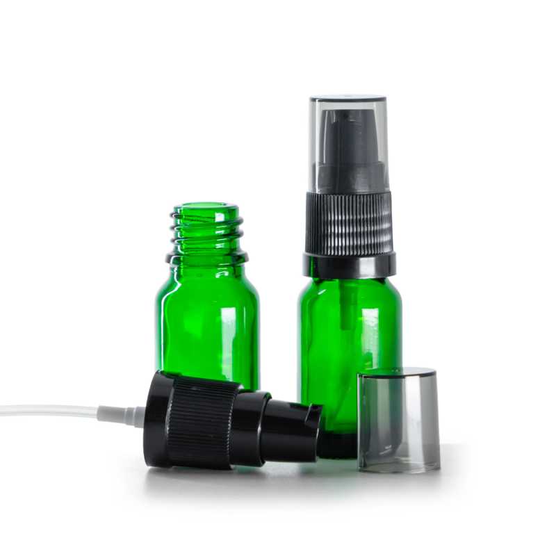 Frasco de vidrio verde, dispensador de crema negro con sobretapa ahumada, 10 ml