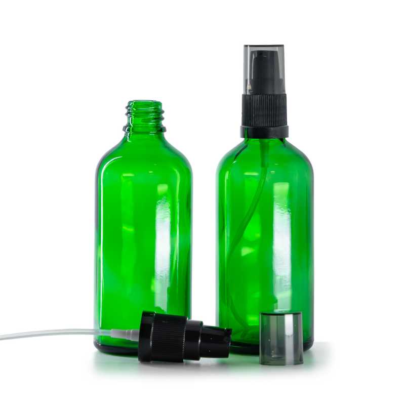 Frasco de vidrio verde, dispensador de crema con sobretapa ahumada, 100 ml