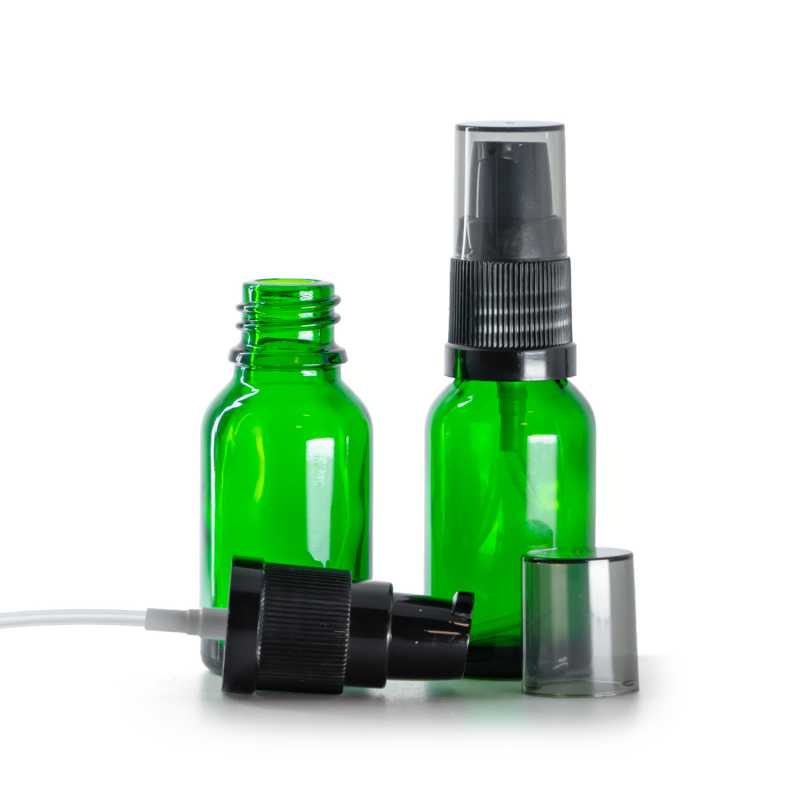 Frasco de vidrio verde, dispensador de crema con sobretapa ahumada, 15 ml