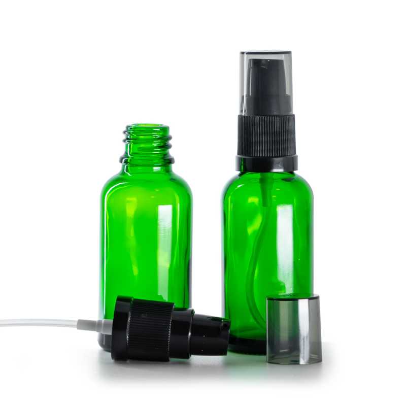 Frasco de vidrio verde, bomba loción con sobretapa ahumada, 30 ml