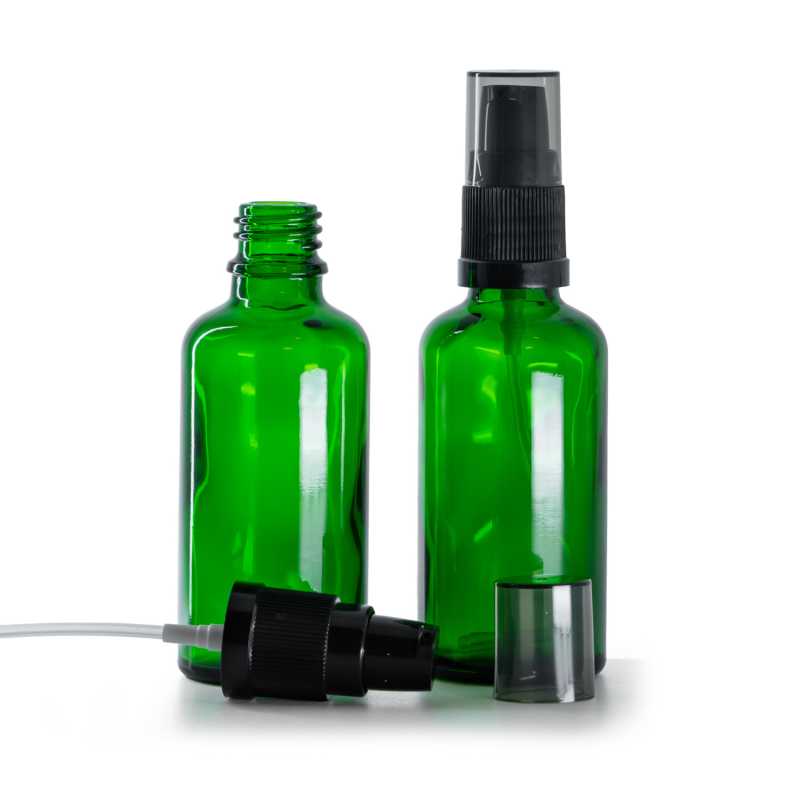 Frasco de vidrio verde, dispensador de crema con sobretapa ahumada, 50 ml