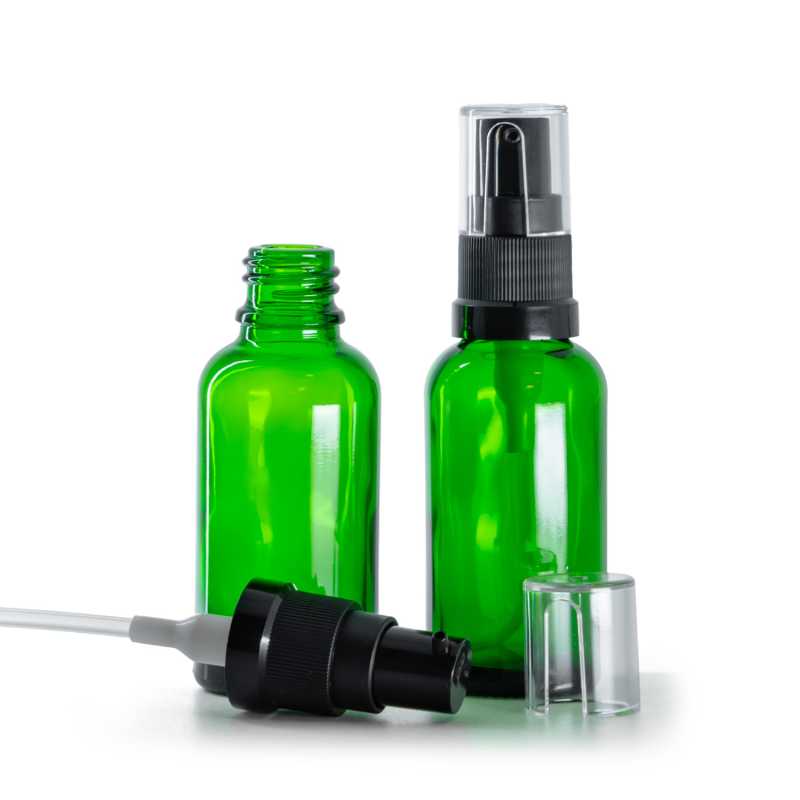 Botella de vidrio, verde, dosificador de aceite, 30 ml