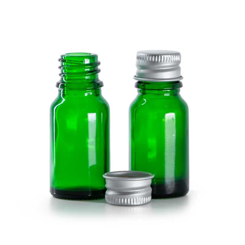 Frasco de vidrio verde, tapón de aluminio, 10 ml