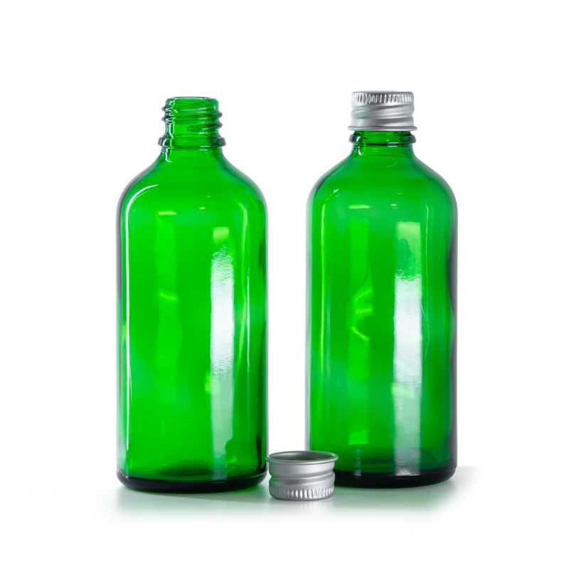 Frasco de vidrio verde, tapón de aluminio, 100 ml
