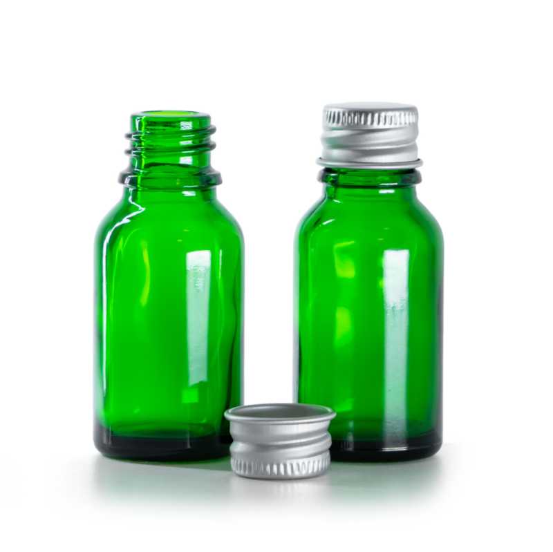 Frasco de vidrio verde, tapón de aluminio, 15 ml