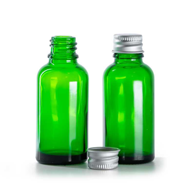 Frasco de vidrio verde, tapón de aluminio, 30 ml