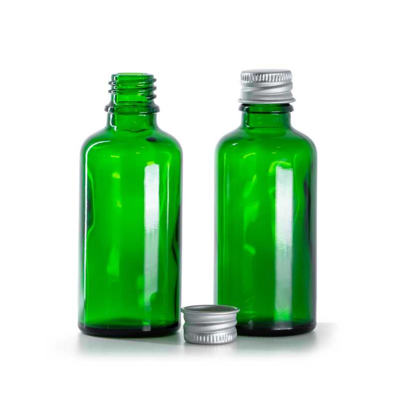 Frasco de vidrio verde, tapón de aluminio plateado, 50 ml
