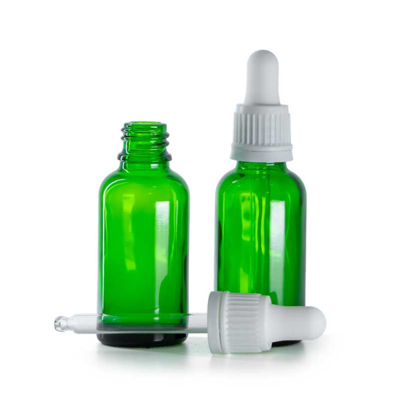 Botella de vidrio, verde, cuentagotas blanco, 30 ml