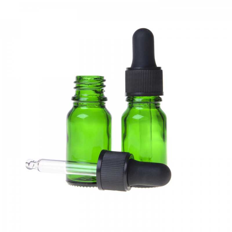 Botella de vidrio, verde, cuentagotas negro mate, 10 ml