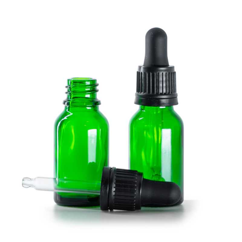 Frasco de vidrio, gotero negro, verde, 15 ml