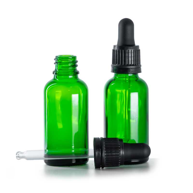 Frasco de vidrio, verde, cuentagotas negro inviolable, 30 ml