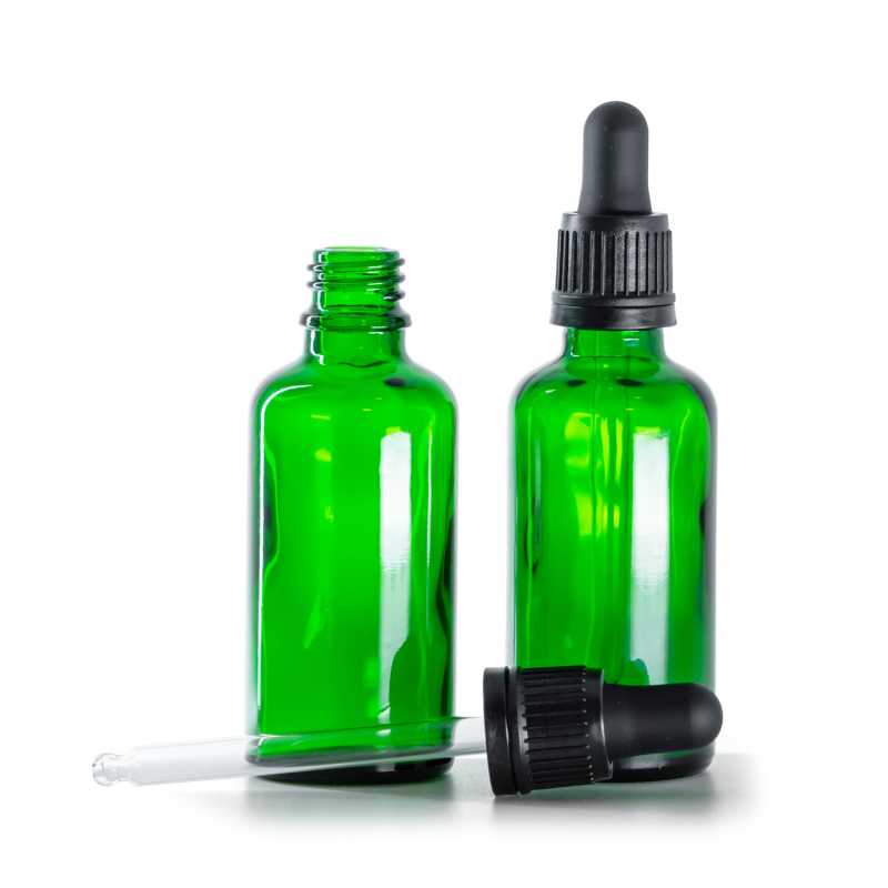 Botella de vidrio, verde, cuenta gotas negro inviolable, 50 ml