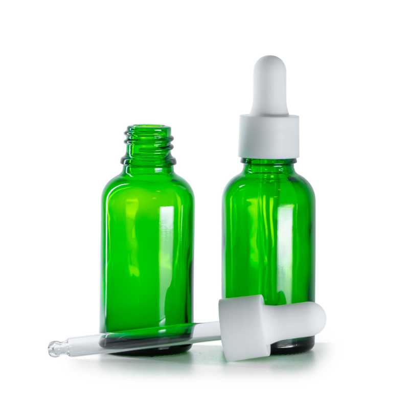 Botella de vidrio, verde, cuentagotas blanco mate liso, 30 ml