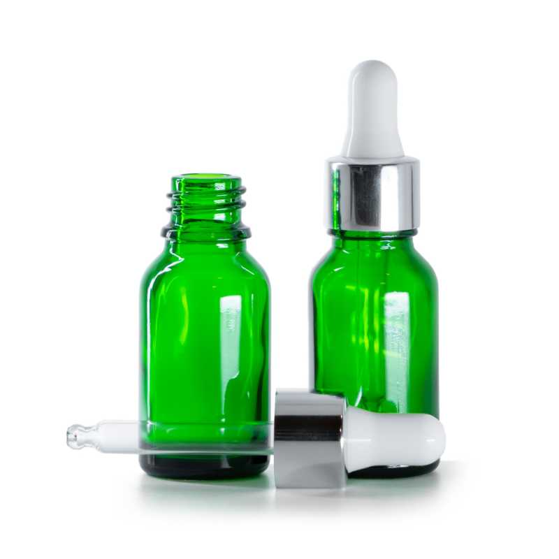 Botella de vidrio, verde, cuentagotas plateado brillante, 15 ml